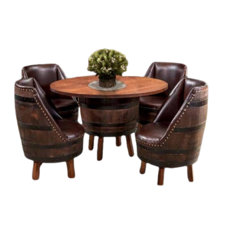 Cozy dining set includes a Barrel Table with Legs and Upholster Barrel Stool Sofa, adorned with a leafy green centerpiece.