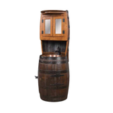 The Barrel Vanity blends rustic elegance and functionality with a wooden whiskey barrel sink paired with a cabinet featuring two mirrored doors above.