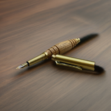 The Bourbon Barrel Fountain Pen, handcrafted with a wooden barrel from reclaimed Kentucky bourbon barrels and a gold cap, rests on a polished wooden surface.
