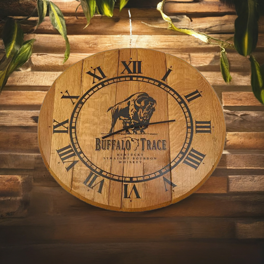 Buffalo Trace Inspired Wooden Wall Clock, hand made with solid wood construction and Roman numerals. Features a silent quartz movement and logo, crafted from whiskey barrels for a rustic touch.