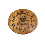 Buffalo Trace Inspired Wooden Wall Clock: Handcrafted from solid wood and whiskey barrels, featuring Roman numerals, a buffalo design, and the iconic "Buffalo Trace" logo at its center.