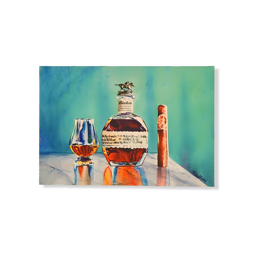 A bottle of whiskey, a glass, and a cigar rest on the table against a blue-green backdrop, making an ideal focal point for the "Canvas Wall Art of Your Favorite Bourbon," adding sophistication to rustic home decor.