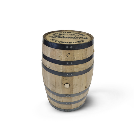 The Clean Full Barrel With Logo Head is a custom engraved whiskey barrel with black metal bands, featuring text on the top.