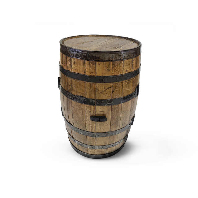 The Full Barrel Cabinet, featuring shelves and glassware holders, stands upright against a plain white background. Made from reclaimed whiskey barrels, its rustic allure is highlighted by metal bands encircling the weathered wood, adding vintage charm to this unique handmade piece.