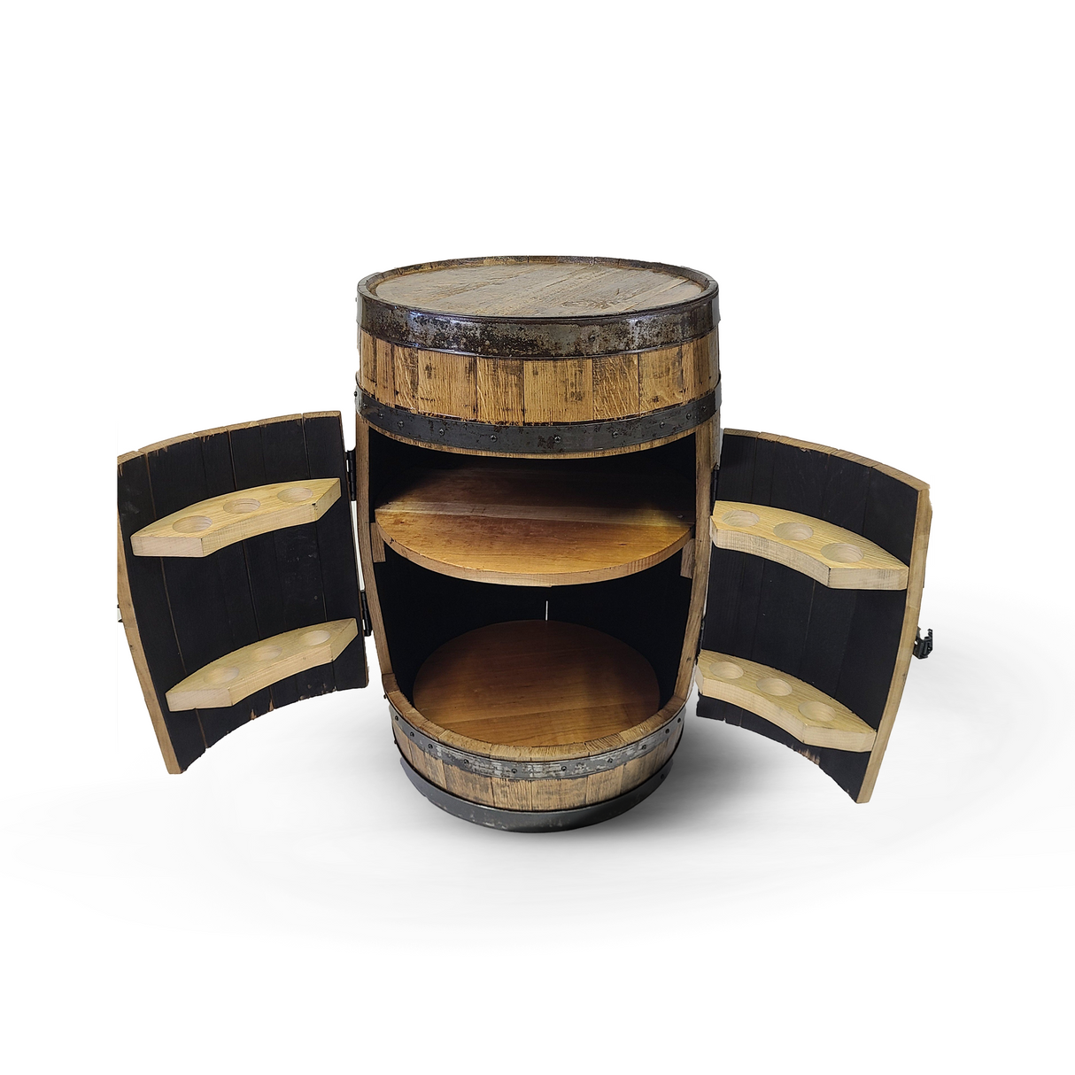 The Full Barrel Cabinet features shelves and glassware holders inside, crafted from hand-made wood barrels. It exudes a rustic allure that enhances any home setting.