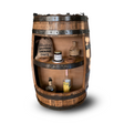 The Half Barrel Open Cabinet with Shelves, a handmade solid wood mini bar, elegantly displays bottles, smoking chips, and assorted accessories—ideal for bourbon storage.