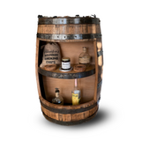 The Half Barrel Open Cabinet with Shelves, a handmade solid wood mini bar, elegantly displays bottles, smoking chips, and assorted accessories—ideal for bourbon storage.