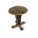 The End Table exudes rustic elegance with a whiskey barrel-like finish. Its round wooden top is supported by four curved, angled legs securely mounted on a cross base, making it versatile for any stylish setting.