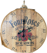 The Four Rose Clock, priced at $150.00, is a round wooden whiskey barrel clock that resembles a bourbon barrel. It features the "Four Roses" logo, Roman numerals, and red roses, offering the perfect blend of rustic charm and elegance.