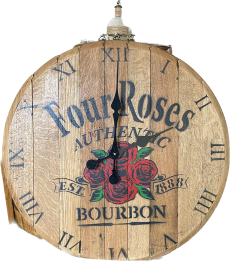 The Four Rose Clock, priced at $150.00, is a round wooden whiskey barrel clock that resembles a bourbon barrel. It features the "Four Roses" logo, Roman numerals, and red roses, offering the perfect blend of rustic charm and elegance.