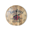 A handmade solid wood clock features Roman numerals, rose illustrations, and "Four Roses Authentic Bourbon" text with a silent quartz movement, similar to those in Buffalo Trace Inspired Wall Clocks.