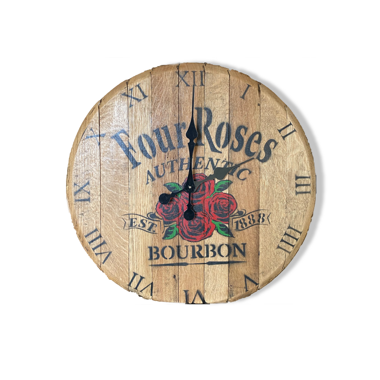 A handmade solid wood clock features Roman numerals, rose illustrations, and "Four Roses Authentic Bourbon" text with a silent quartz movement, similar to those in Buffalo Trace Inspired Wall Clocks.