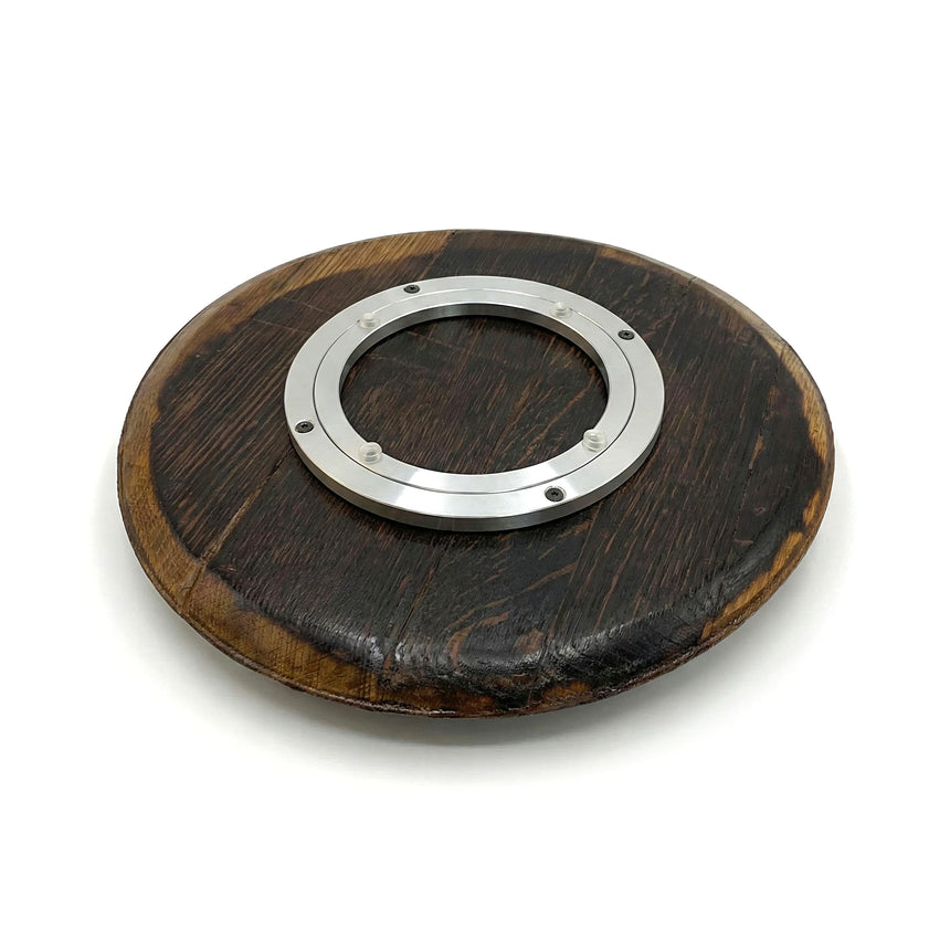 The Lazy Susan Round Swivel Wooden Tray features hand-made solid wood barrel head construction with a central metal ring, shown on a white background.