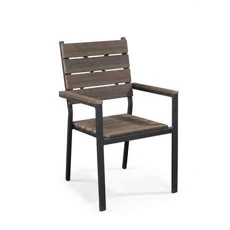 The Outdoor Chair features wooden slats, armrests, and a black metal frame on a white background, blending modern functionality and timeless style.