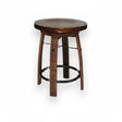 The Bar Stool Round Wooden Seat features a rustic wood design with four sturdy legs and a circular metal footrest, echoing bourbon barrel charm.