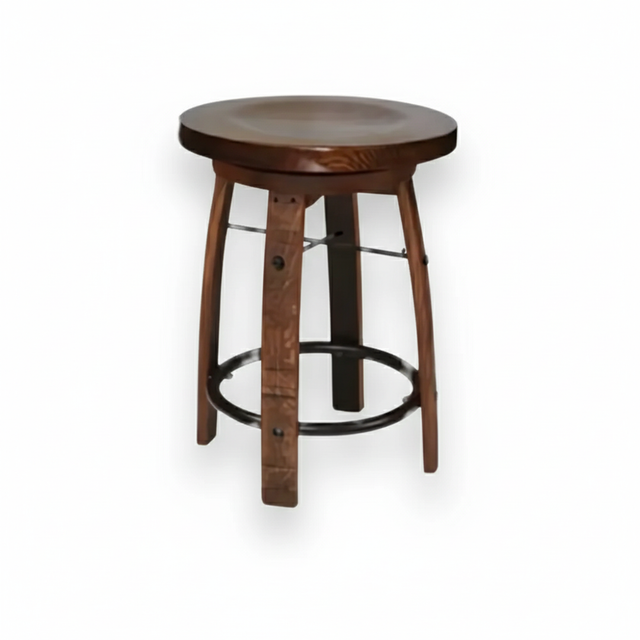 The Bar Stool Round Wooden Seat features a rustic wood design with four sturdy legs and a circular metal footrest, echoing bourbon barrel charm.