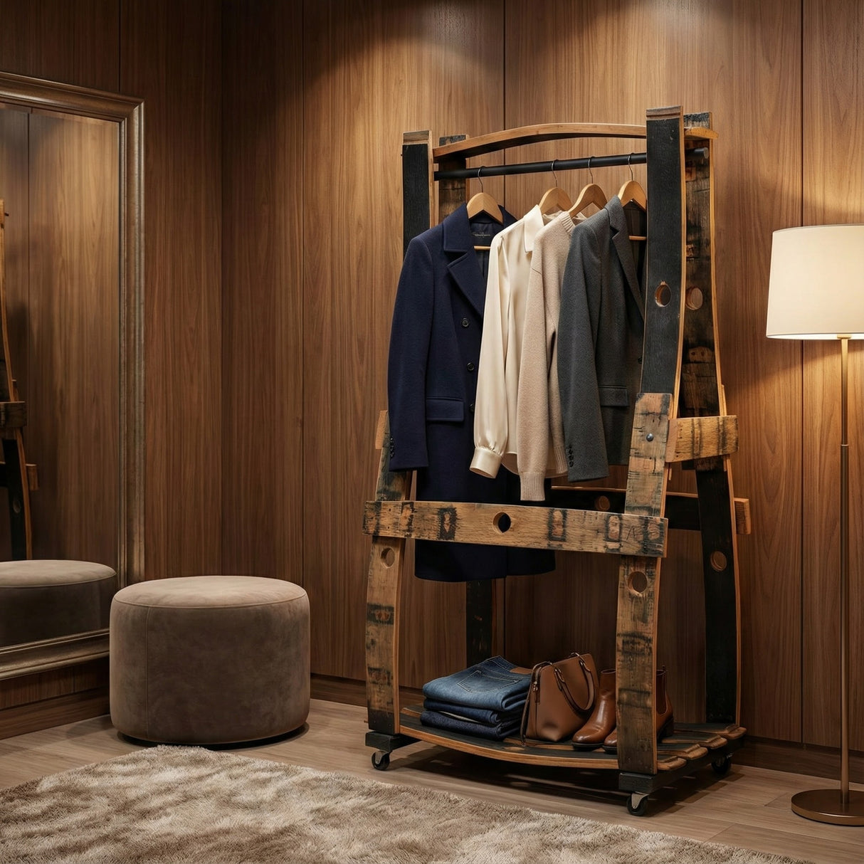 The Barrel Garment Rack, featuring space for hanging clothes and a shelf for folded jeans or bags, adds warmth and charm to a cozy wood-paneled room.