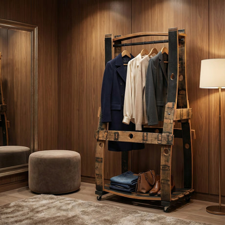 The Barrel Garment Rack, featuring space for hanging clothes and a shelf for folded jeans or bags, adds warmth and charm to a cozy wood-paneled room.