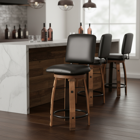 Three Bar Stool Cushioned Seat With Back Cushion chairs are arranged at a modern kitchen island, echoing the look of whiskey barrels.