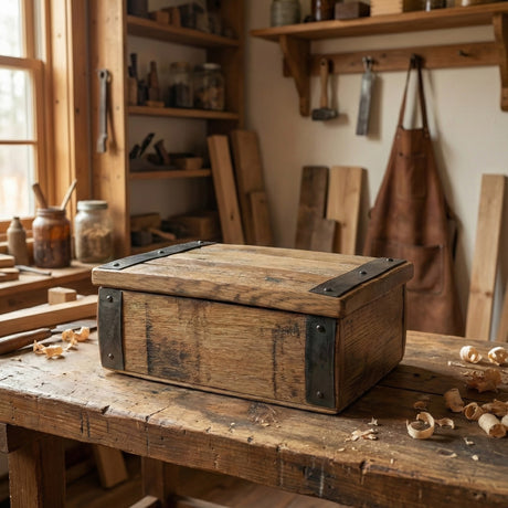 The Small Stave Box, made from reclaimed wood, rests on a workbench in a sunlit woodworking shop filled with tools and scattered wood scraps.