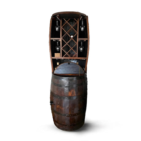 The Hutch Wine Bar Cabinet, handcrafted from solid wood barrels, stands upright and holds 7 wine bottles and 20 glasses—perfect for showcasing your collection.