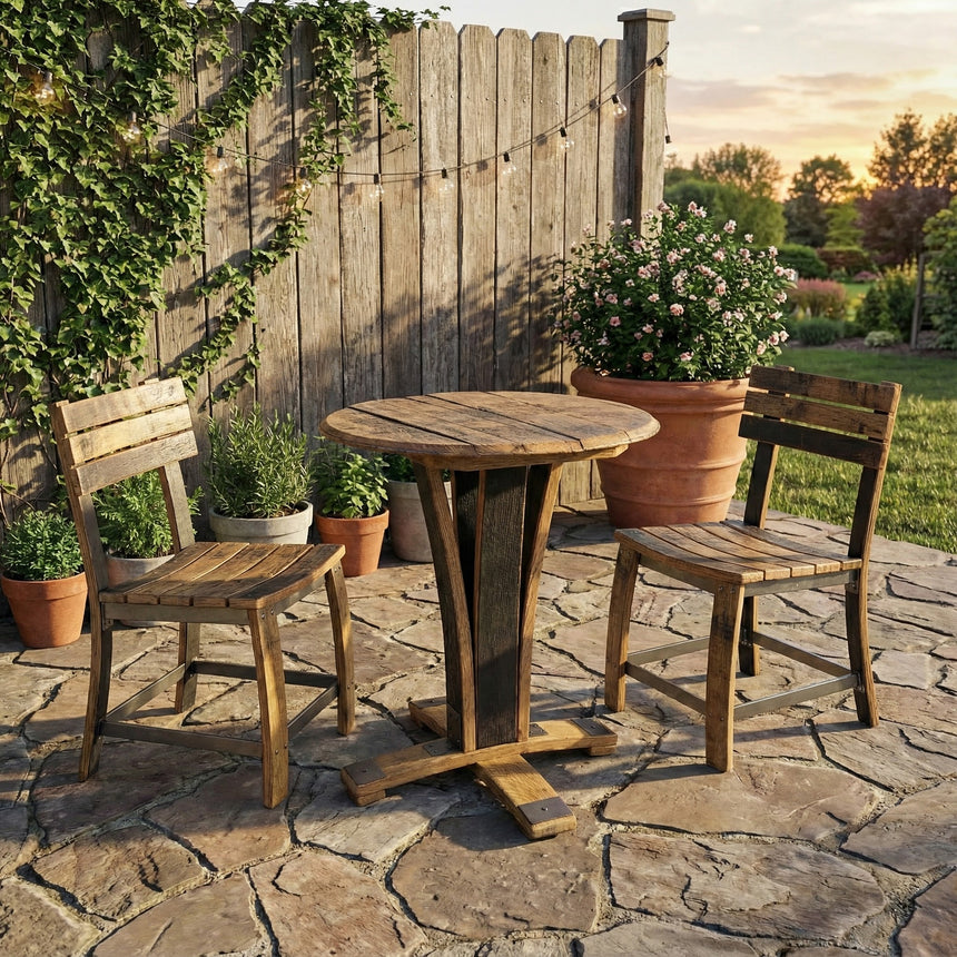 Rustic wooden table with two chairs on a stone patio, complemented by an End Table, surrounded by plants and string lights.