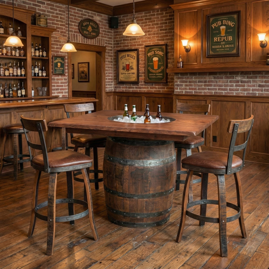 Inviting rustic pub with a Plain Barrel Table and four chairs, exposed brick walls, and bottled displays creating a cozy atmosphere.