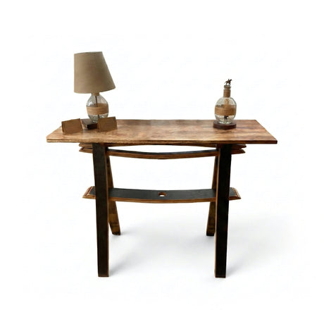 Handmade solid wood Console Wooden Table, crafted from barrel staves, ideal for foyer or entryway; shown topped with a lamp, two books, and a decorative bottle against a white background.