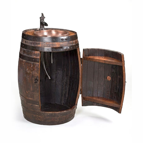 The Barrel Vanity is a whiskey barrel converted into a sink with a faucet and an open door showing the plumbing inside—ideal as a rustic bathroom vanity.