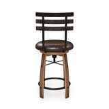 Bar Stool with Swivel Cushioned Seat & Stave Back, featuring brown upholstery, wooden legs, and a decorative slatted backrest inspired by bourbon barrel furniture, shown from the rear.