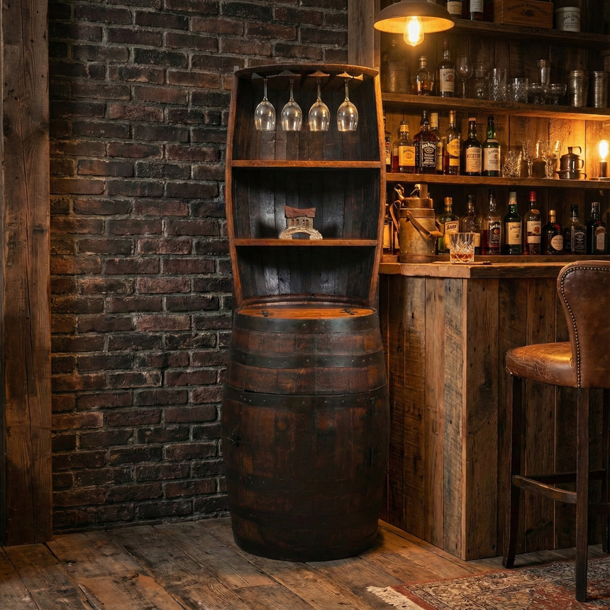 The Barrel Hutch, repurposed as a rustic bar shelf, stands in a cozy, dimly lit home bar adorned with wooden decor.