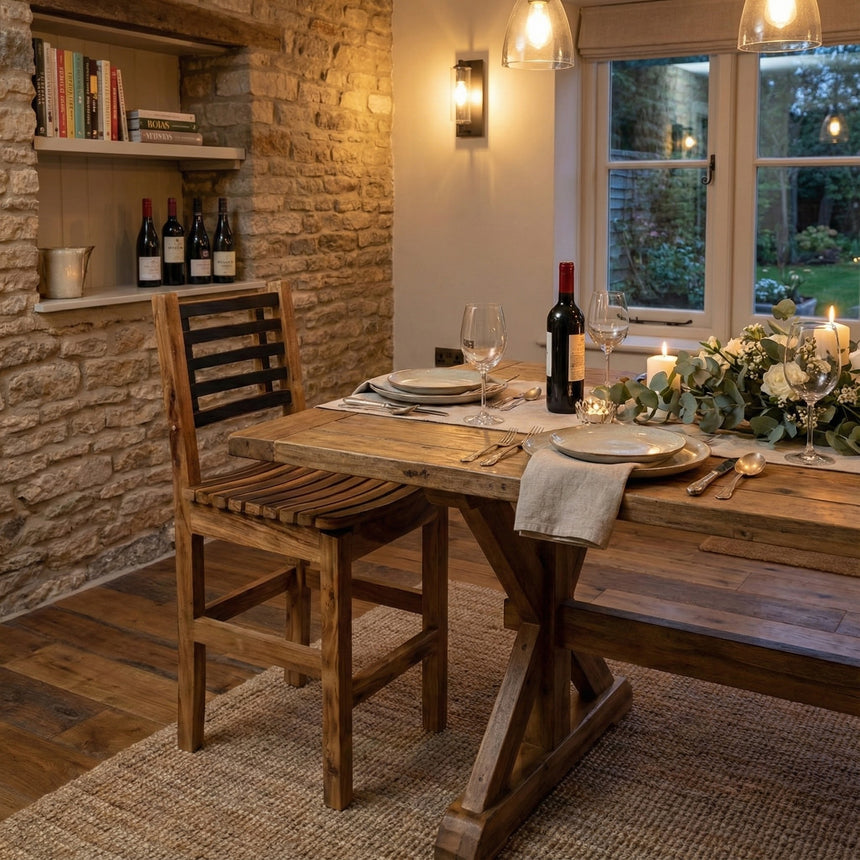 Rustic dining room with a wooden table set for two, wine bottles, and warm ambient lighting, complemented by chic Barrel Dinner Chair seating.