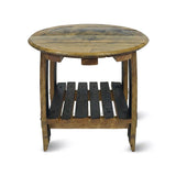 The Side Table With Barrel Head & Rack features a repurposed barrel head top, a slatted lower shelf, and rustic charm, making it an elegant accent for any space.