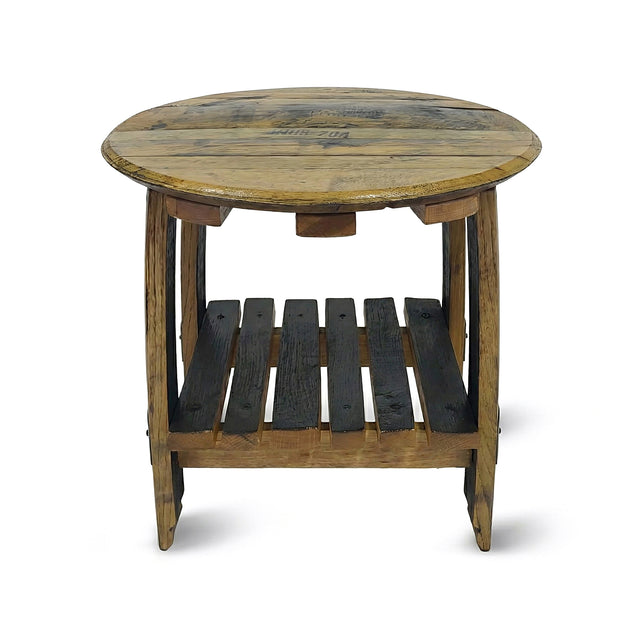 The Side Table With Barrel Head & Rack features a repurposed barrel head top, a slatted lower shelf, and rustic charm, making it an elegant accent for any space.