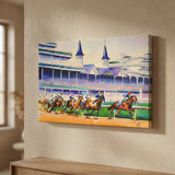 Brighten your space with "Day at the Races" canvas wall art—a vibrant horse race painting featuring a racetrack grandstand, ideal for adding color and elegance to your home decor.