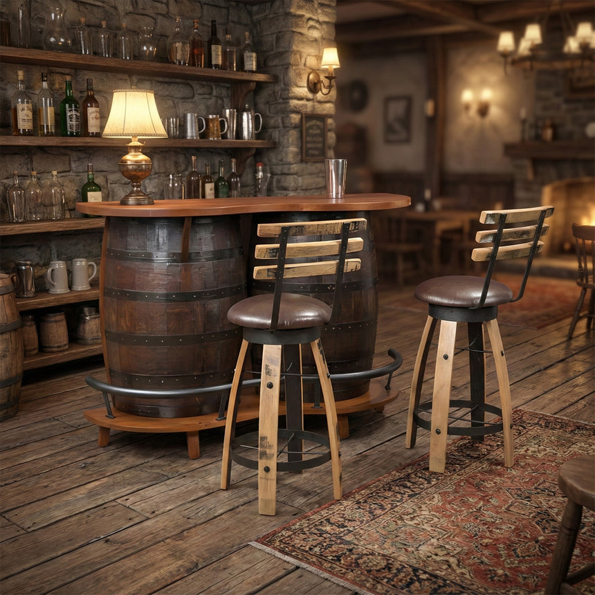 Cozy rustic bar featuring a Barrel Bar Table with Chairs, shelves of bottles, and warm ambient lighting.