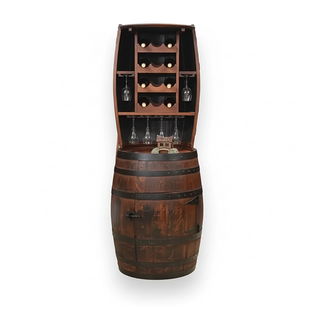 The 12 Bottles Barrel Hutch is a wooden barrel wine cabinet with space for wine bottles, glasses, and a small shelf inside. Styled as barrel furniture, its front opens for easy access.