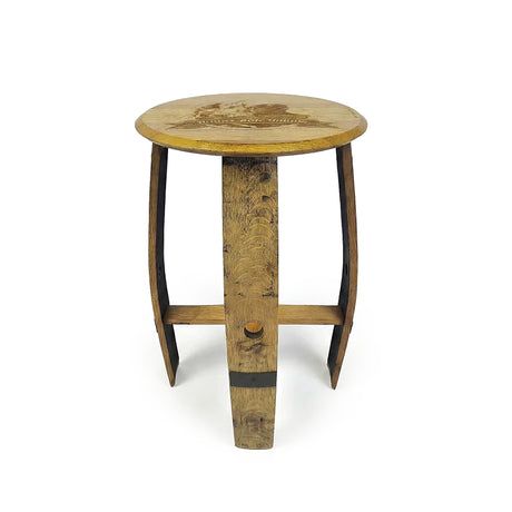 The Pub Table features a round wooden top with three curved legs and a rustic natural finish, evoking the charm of handcrafted bourbon barrel pub table designs, photographed on a white background.