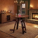 Cozy rustic room featuring a Barrel Stave Table for wine display, fireplace, wooden furniture, and wine bottles showcased.