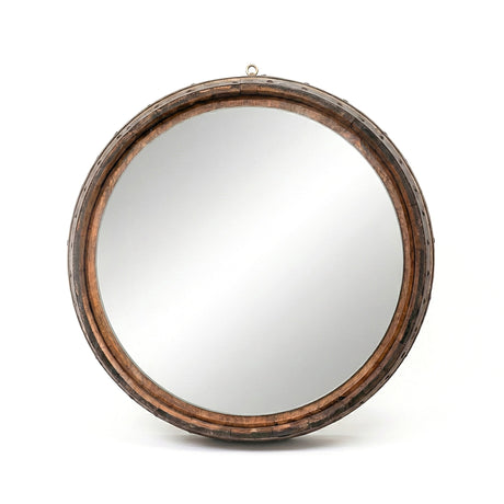 The Round Mirror features a rustic wooden frame made from reclaimed whiskey barrels and includes a small metal hanging loop at the top, shown on a white background.