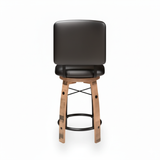 The Bar Stool Cushioned Seat With Back Cushion features a whiskey barrel-inspired wooden design and a black cushioned seat with back, shown from the front against a white background.