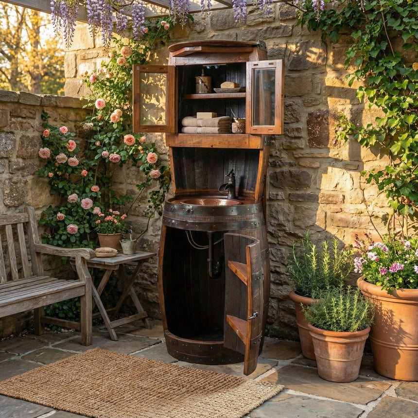 A Barrel Vanity with shelves stands in a garden patio, surrounded by flowers and potted plants.