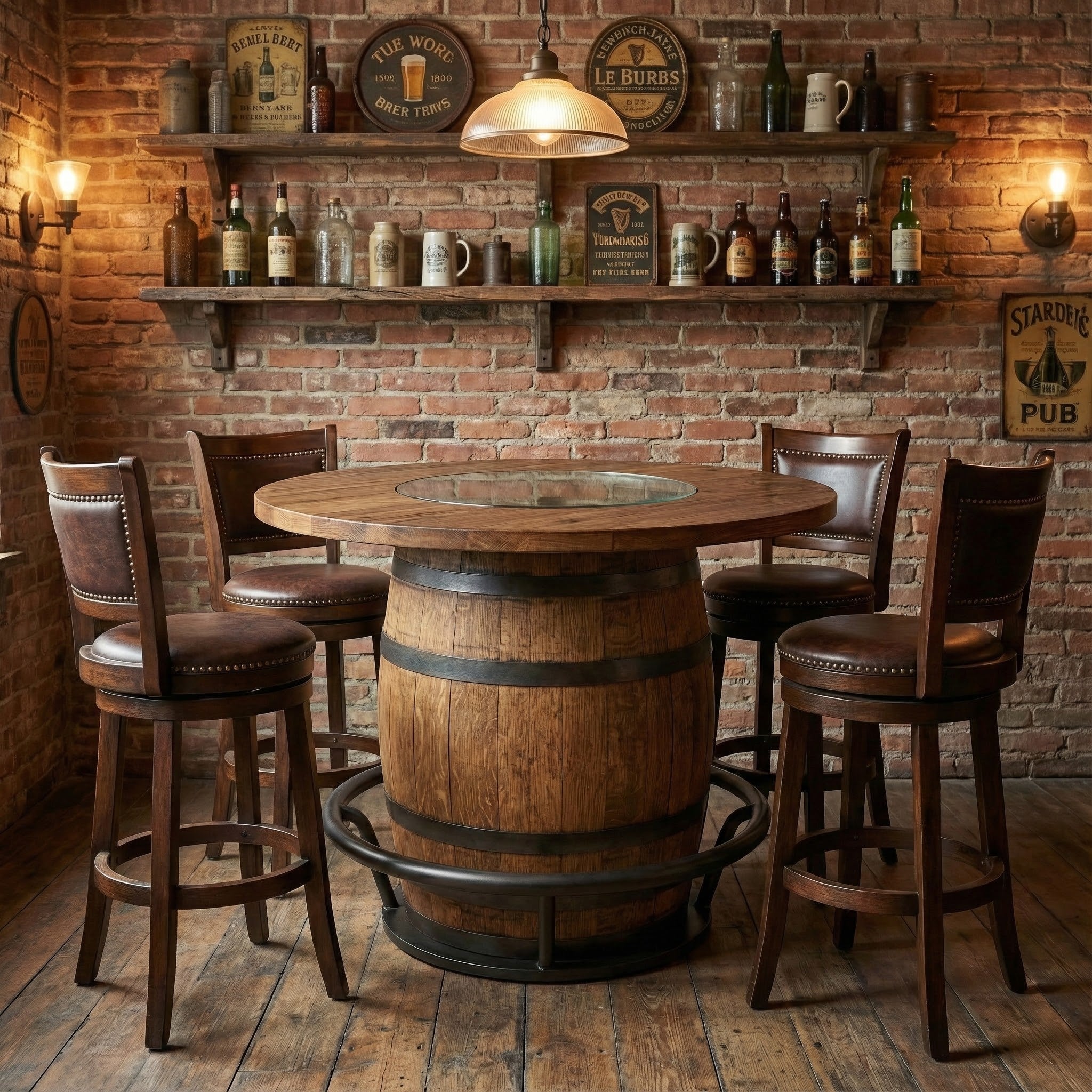 Whiskey Barrel Pub Table, 48 Inch Burnt Hickory Tabletop with