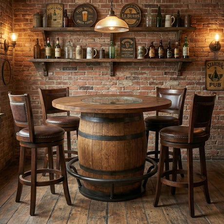 Whiskey Barrel Pub Table, 48 Inch Burnt Hickory Tabletop with Glass Inset, Hand Made Solid Wood Barrel Construction