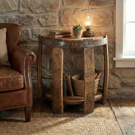 The Side Table With Half Barrel Heads for Shelves & Top Metal Band, topped with books, a lamp, and baskets, sits next to a brown leather couch and a stone wall.