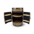 The Full Barrel Cabinet with Shelves and Glassware Holders is a handcrafted wood barrel bar featuring interior shelves and glassware holders—perfect as a deluxe, rustic centerpiece for your home bar.