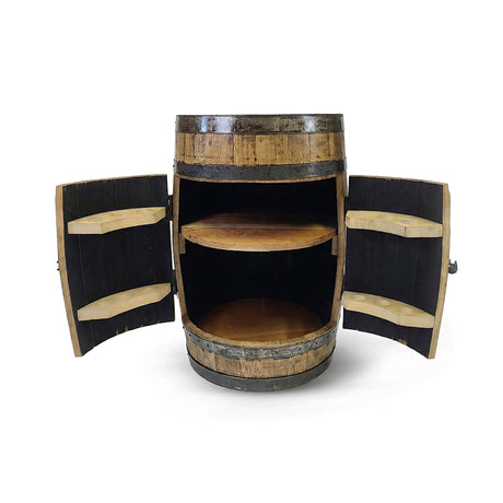 The Full Barrel Cabinet with Shelves and Glassware Holders is a handcrafted wood barrel bar featuring interior shelves and glassware holders—perfect as a deluxe, rustic centerpiece for your home bar.