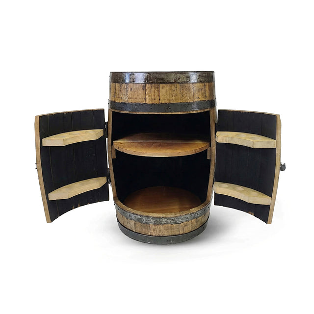 The Full Barrel Cabinet with Shelves and Glassware Holders is a handcrafted wood barrel bar featuring interior shelves and glassware holders—perfect as a deluxe, rustic centerpiece for your home bar.