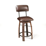 The Bar Stool Cushioned Seat With Back Cushion features a brown leather seat, wooden legs inspired by a whiskey barrel design, and a circular metal footrest.