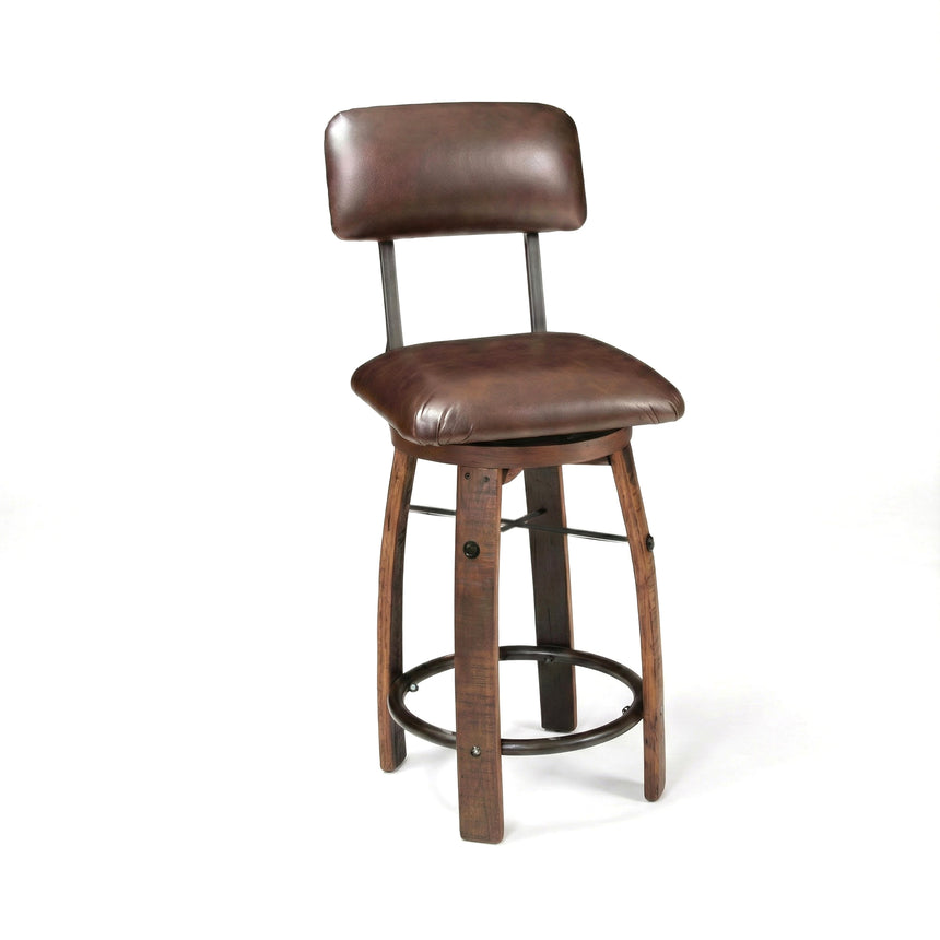 The Bar Stool Cushioned Seat With Back Cushion features a brown leather seat, wooden legs inspired by a whiskey barrel design, and a circular metal footrest.